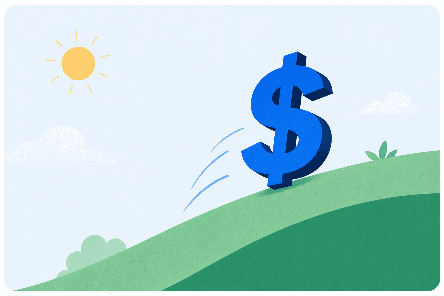 A dollar sign moving up a green hill